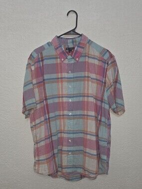 GAP Classic Button Down Plaid Short Sleeve Shirt Pink & Blue XL